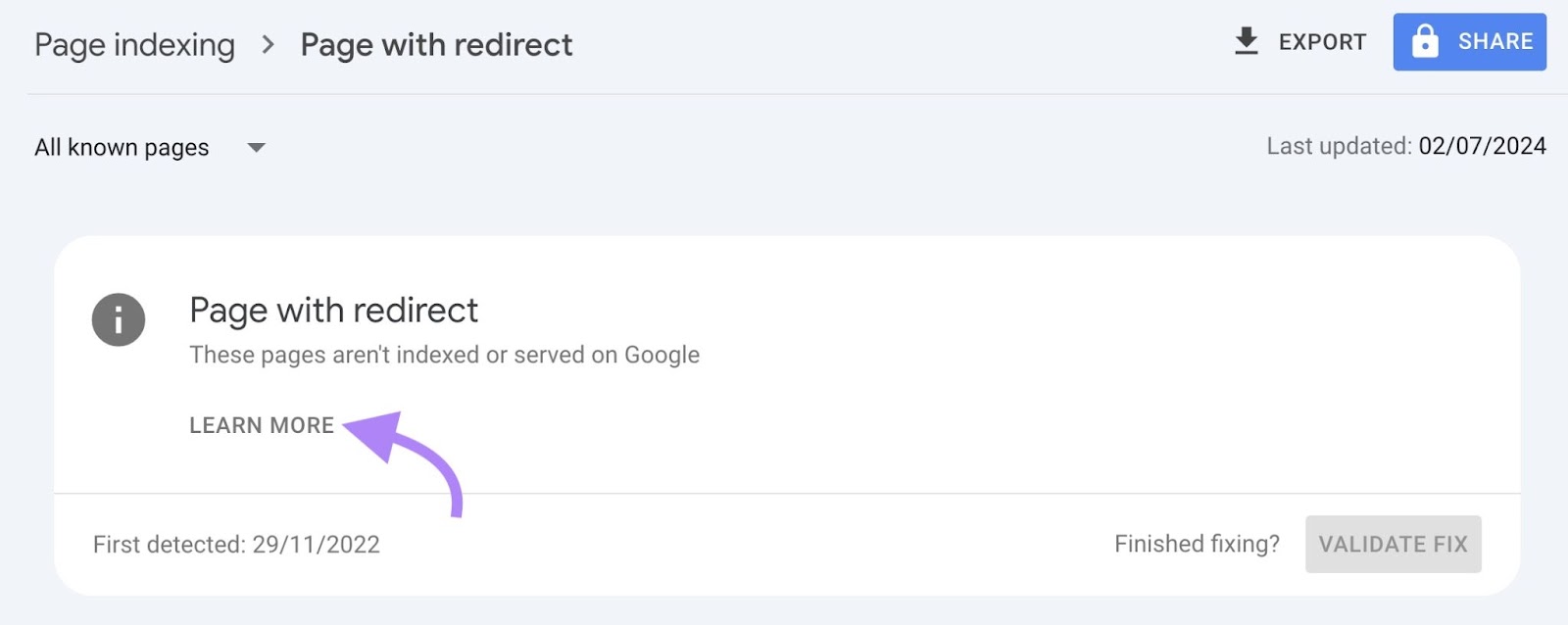 "Learn More" below "Page with redirect" on "Page indexing" in Google Search Console clicked