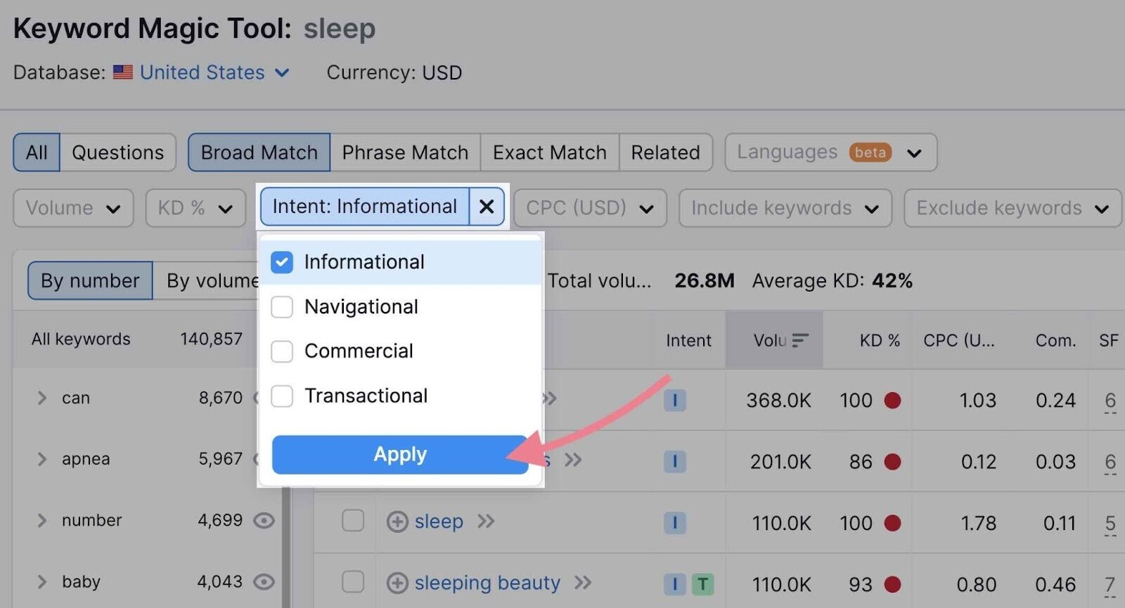 Informational search intent in Keyword Magic Tool