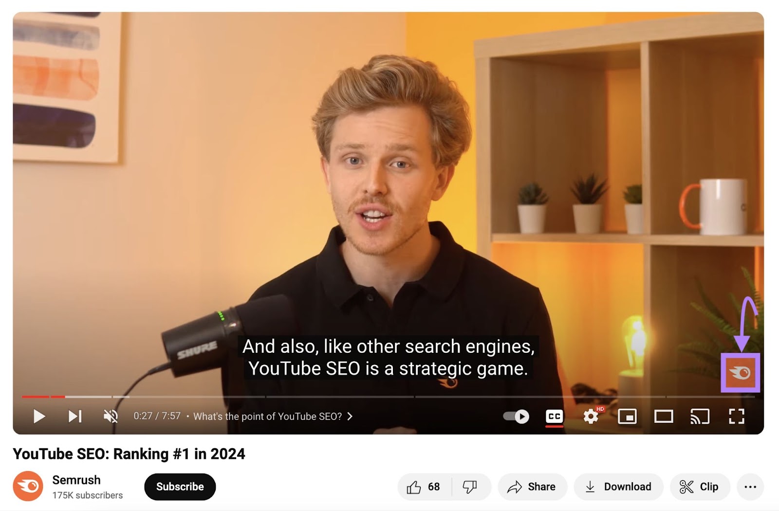 Semrush's YouTube video titled "YouTube SEO: Ranking #1 in 2024" with Semrush brand watermark in the bottom right corner