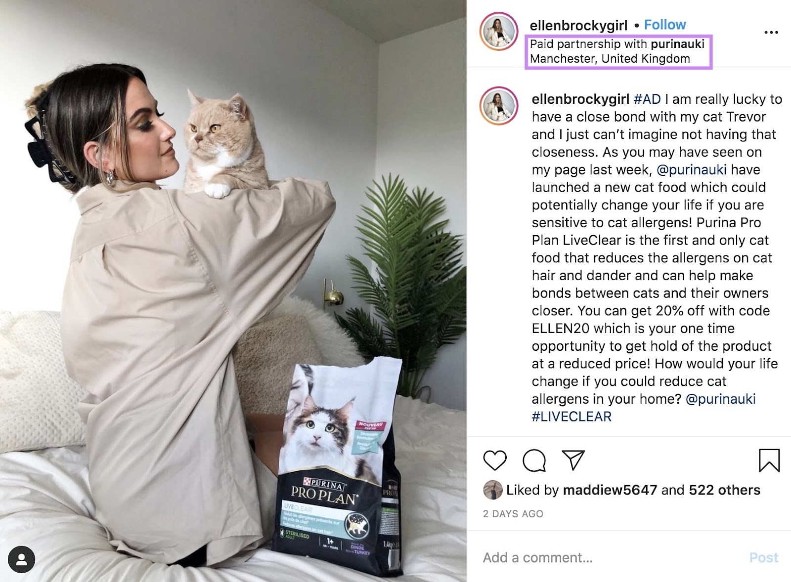 Ellen Brockbank's Instagram post promoting Purina's cat food