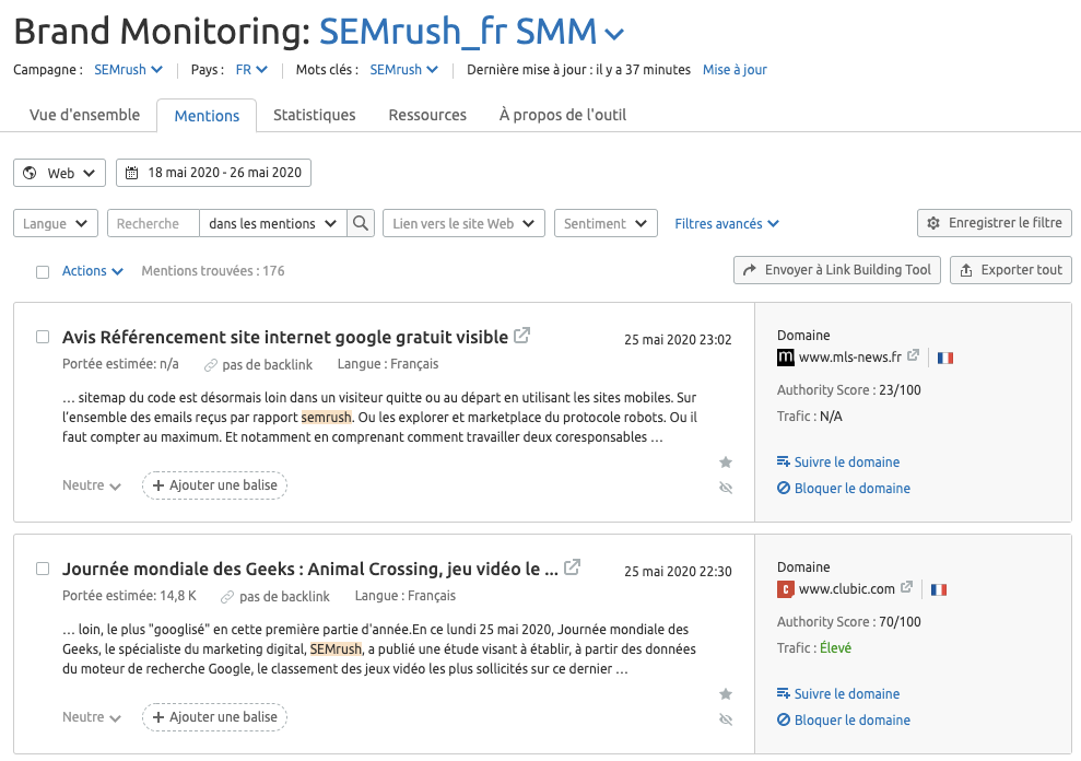 Découvrir des mentions sans lien est très facile avec l’outil SEMrush Brand Monitoring et son filtre « Backlinks ».