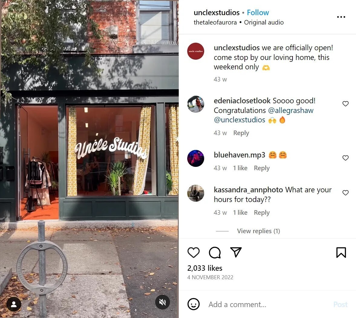Uncle Studios Instagram post announcing customers can pop-up over the weekend