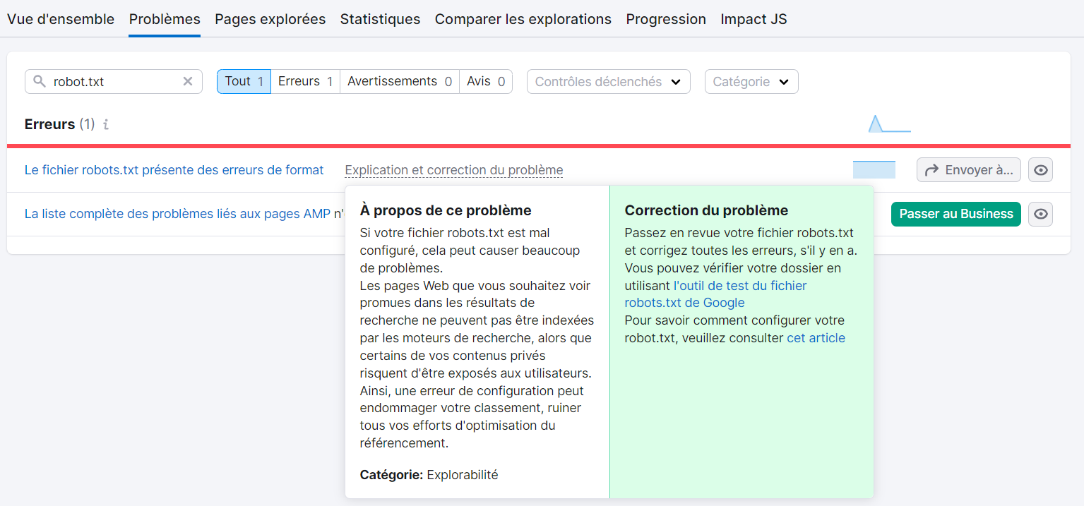 Audit de site de Semrush, problèmes de robots.txt