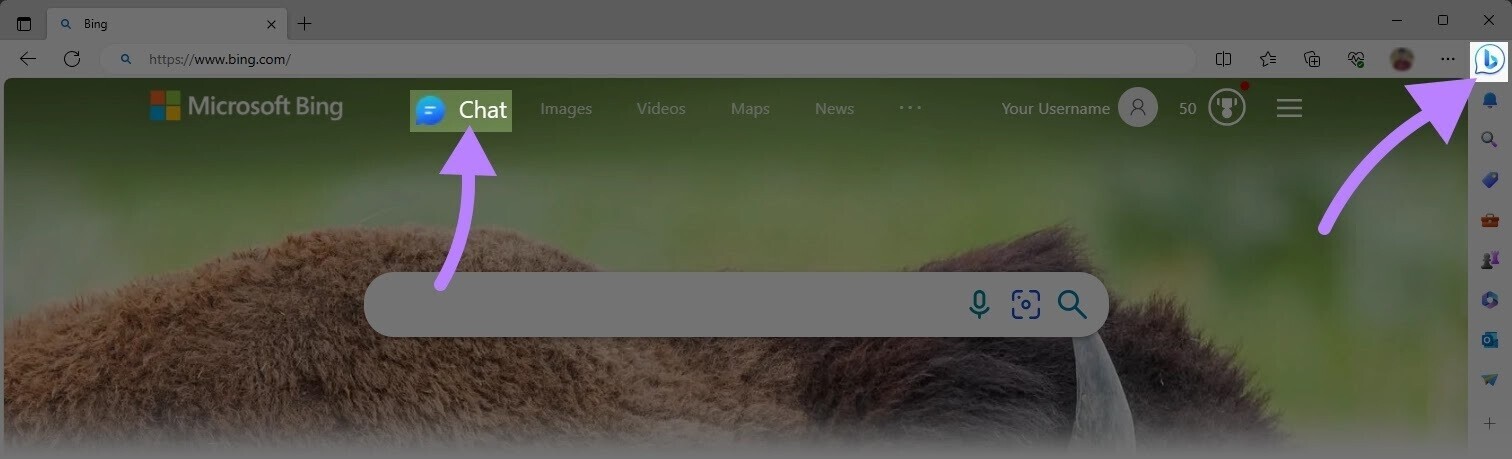 Bing homepage with “Chat” button highlighted