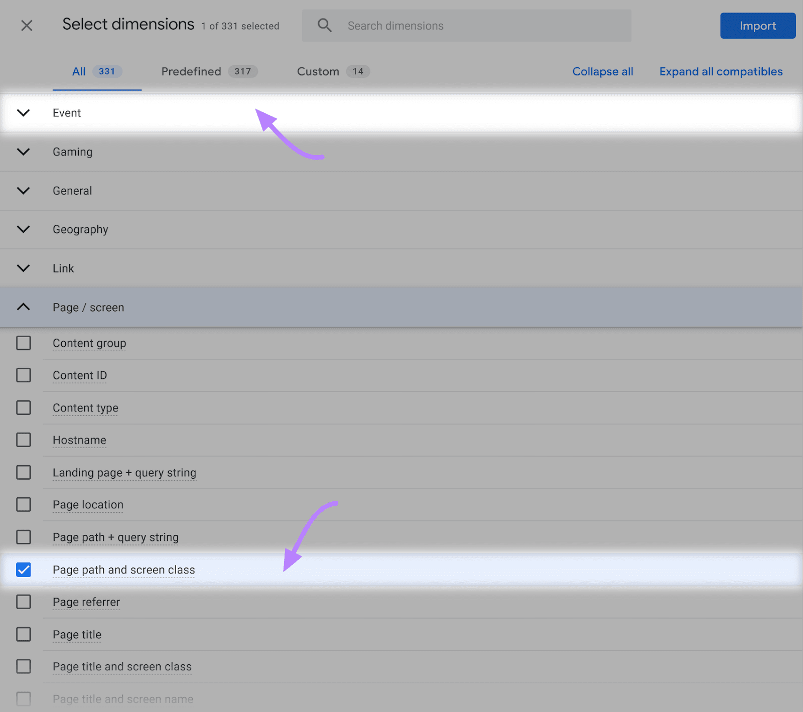 “Page path and screen class” dimension selected and "Event" option highlighted