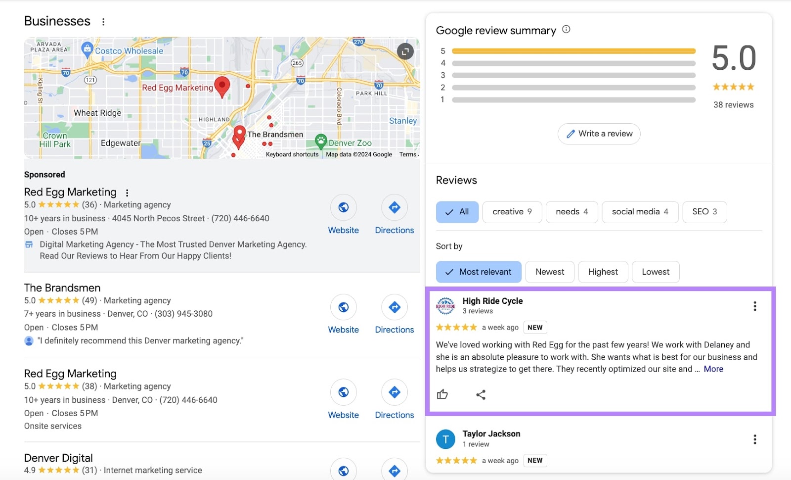Businesses results on Google SERP, showing reviews summary for a selected business