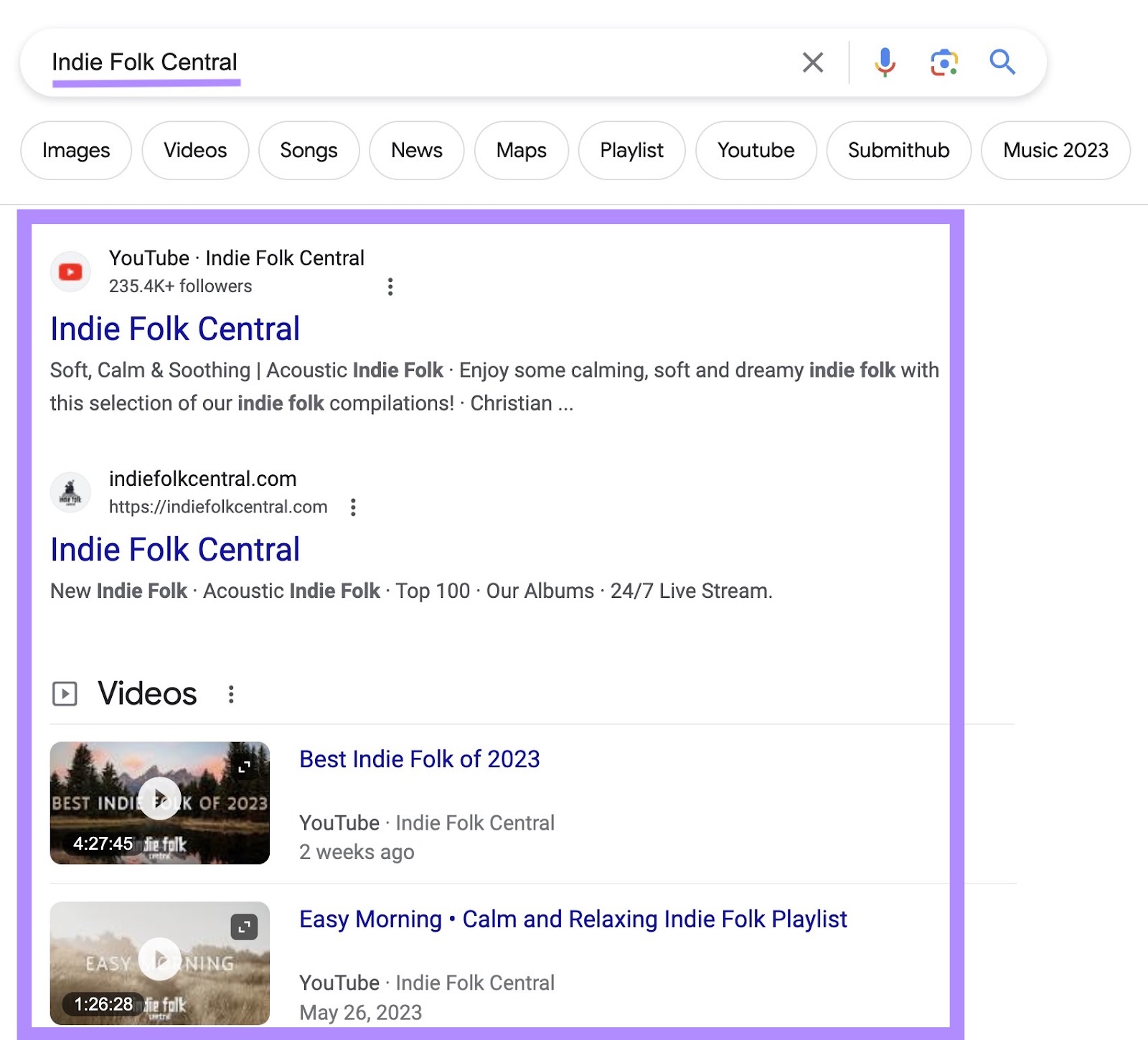 Google's SERP for "Indie Folk Central" showing a YouTube channel and website results