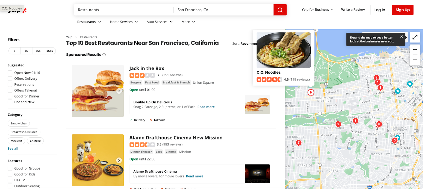 Página de Yelp "Top 10 de los mejores restaurantes cerca de San Francisco, California"
