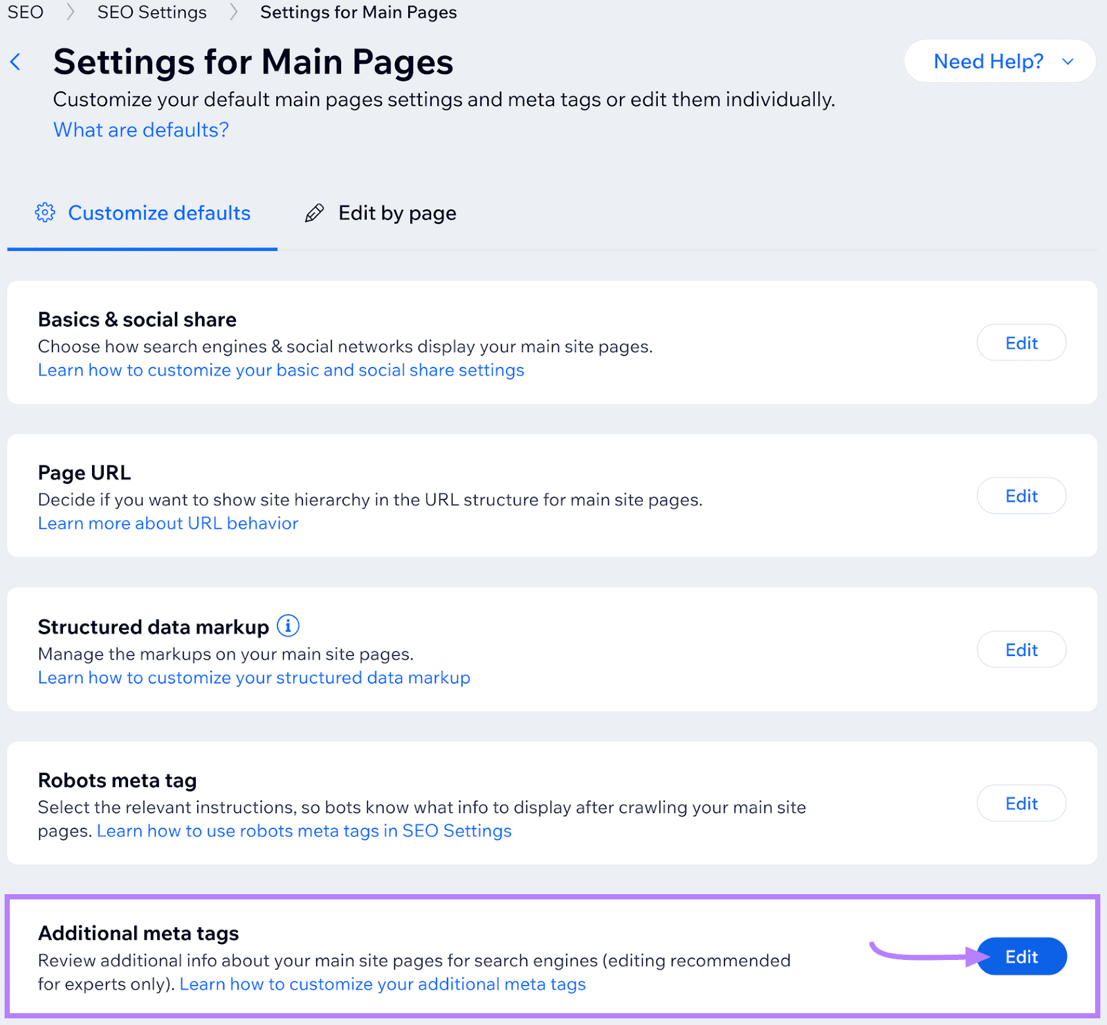 SEO settings for Main Pages, with the last section, "Additional meta tags," highlighted in a purple box