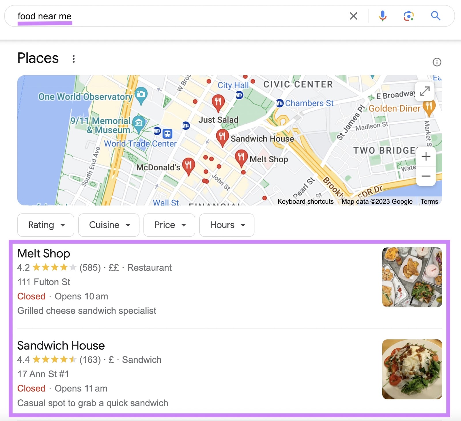 Local listings on Google for "food near me" query