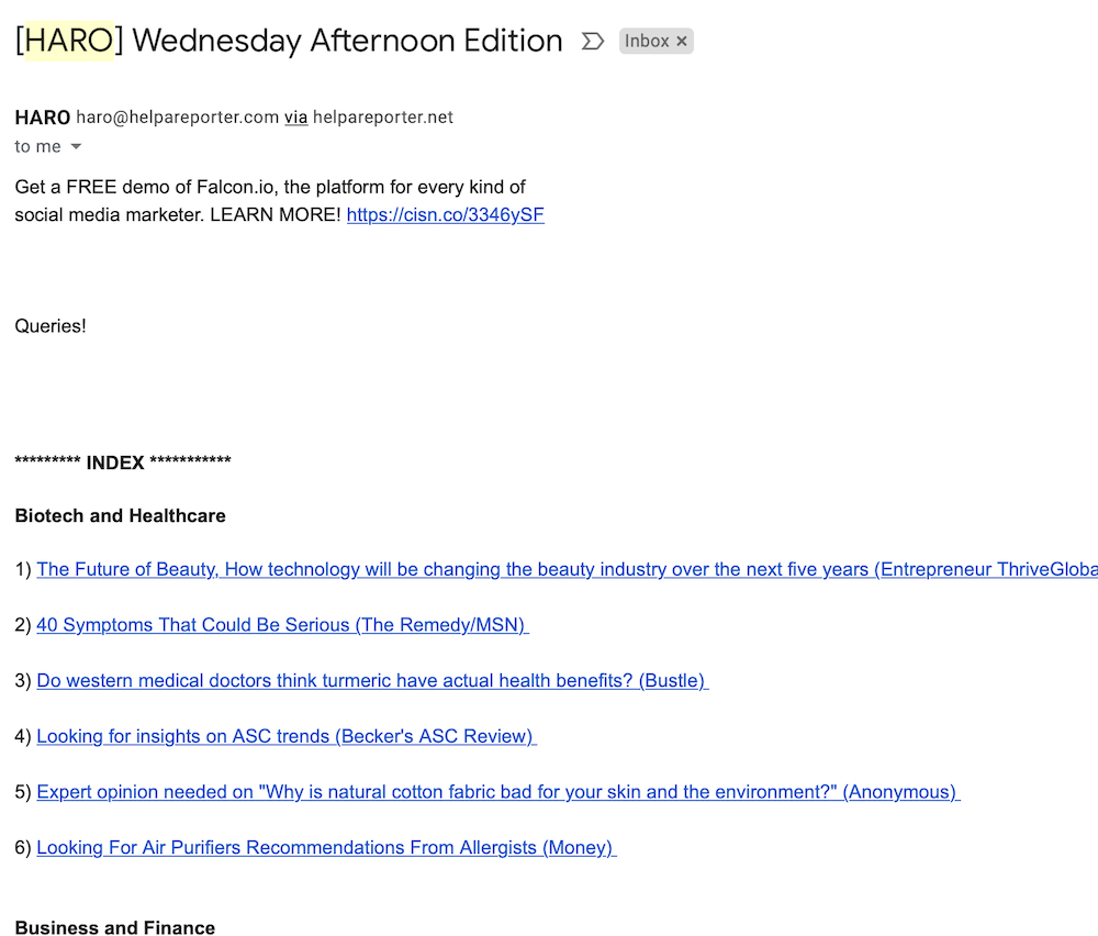 Help a Reporter Out Email