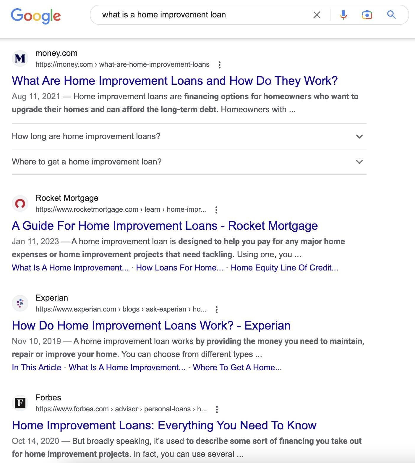 SERP results for what is a home improvement loan