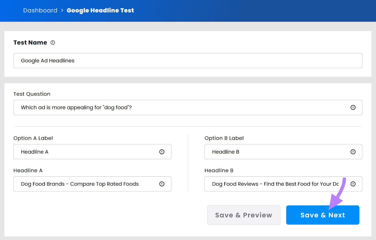 page where you can adjust your headline test