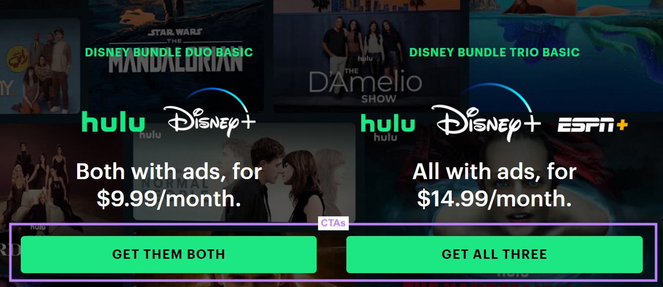 "Get them both," and "Get all three" CTAs on Hulu's website