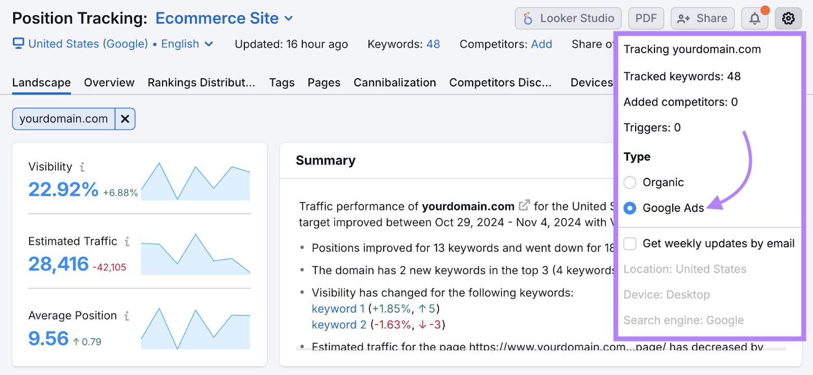 google ads option selected in position tracking settings