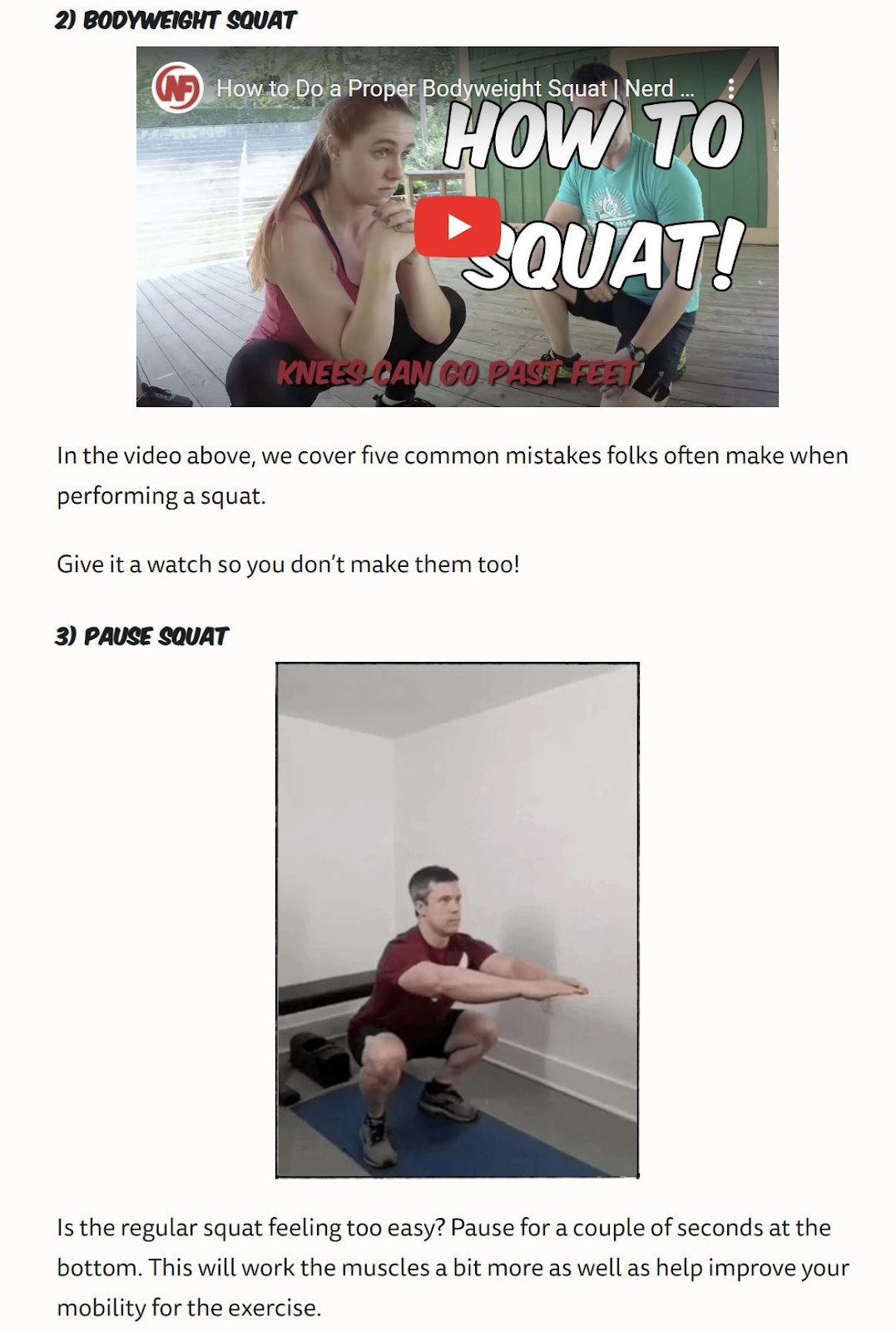 Nerd Fitness's article using video and GIFs to demonstrate workouts