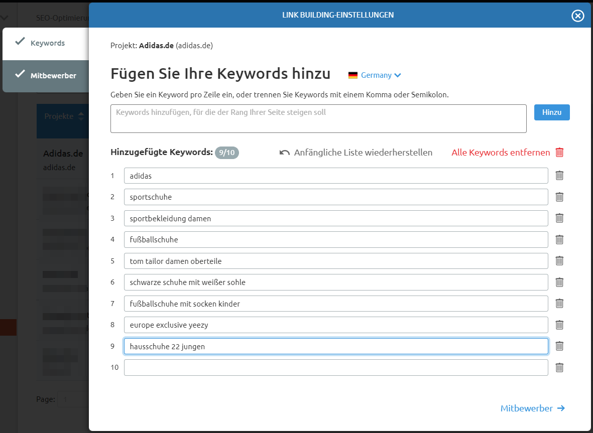 Link Building Tool: Keywords hinzufügen