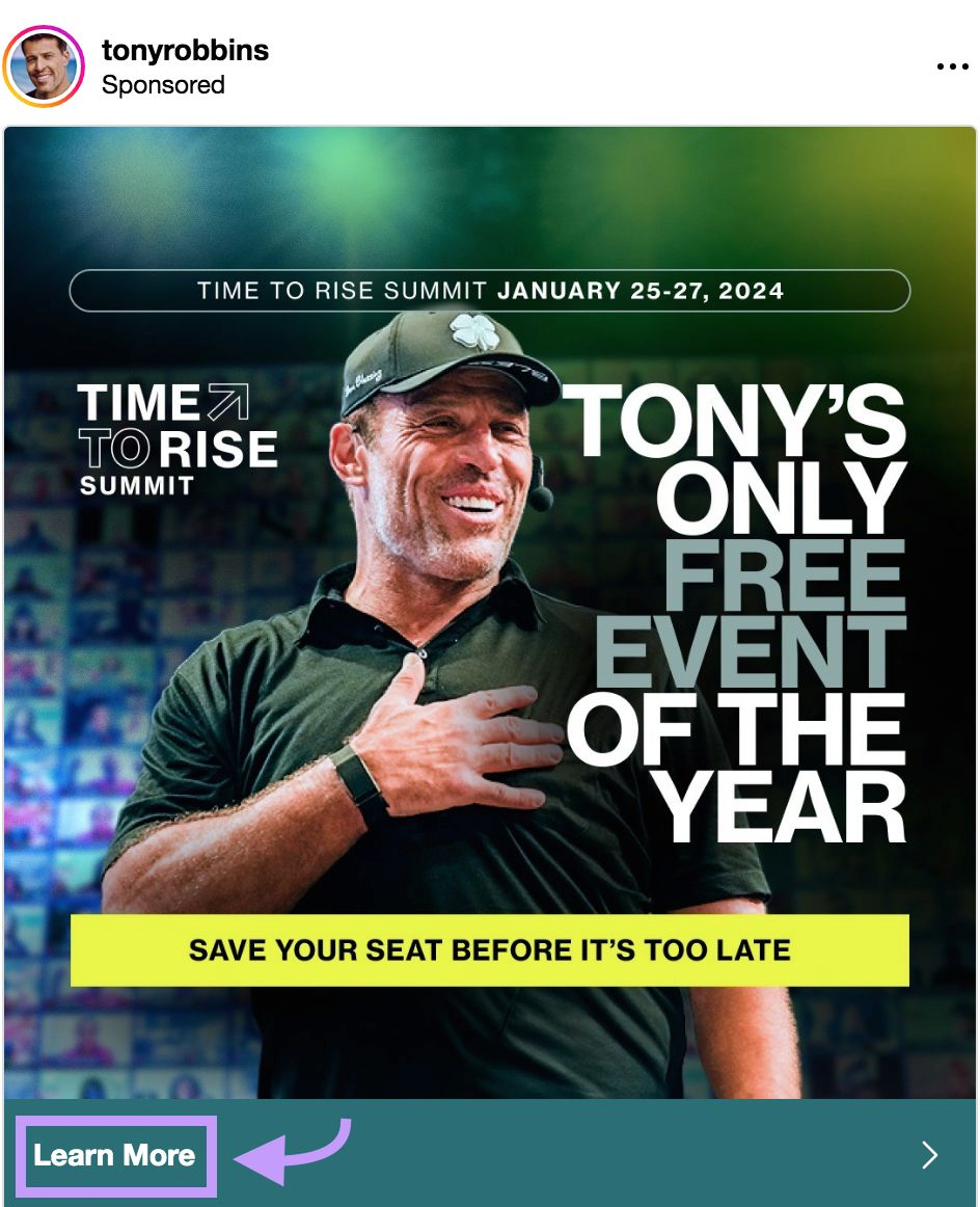 Paid Instagram advertisement  from Tony Robbins, with the "Learn More" CTA fastener  highlighted