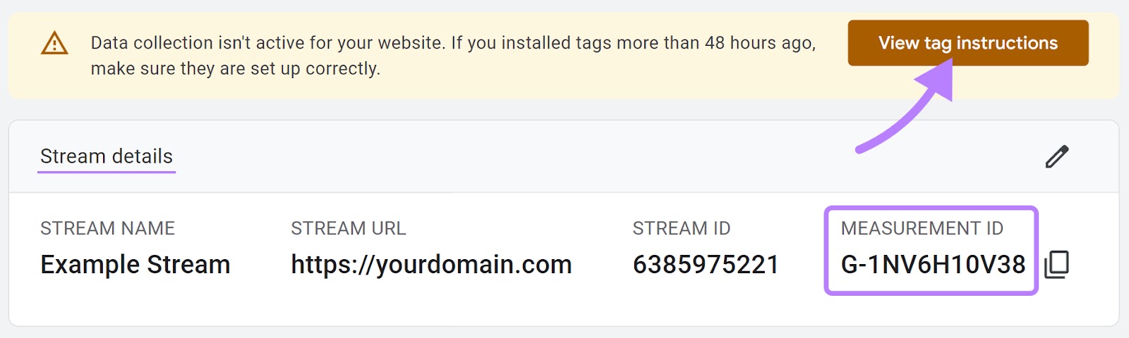 “Stream details” page with “Measurement ID" highlighted