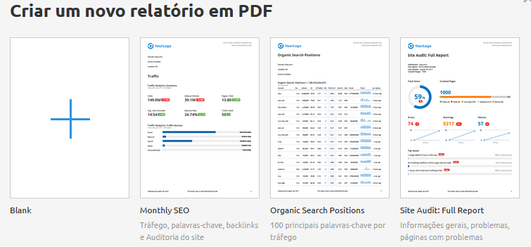 página para criar novo relatório da semrush