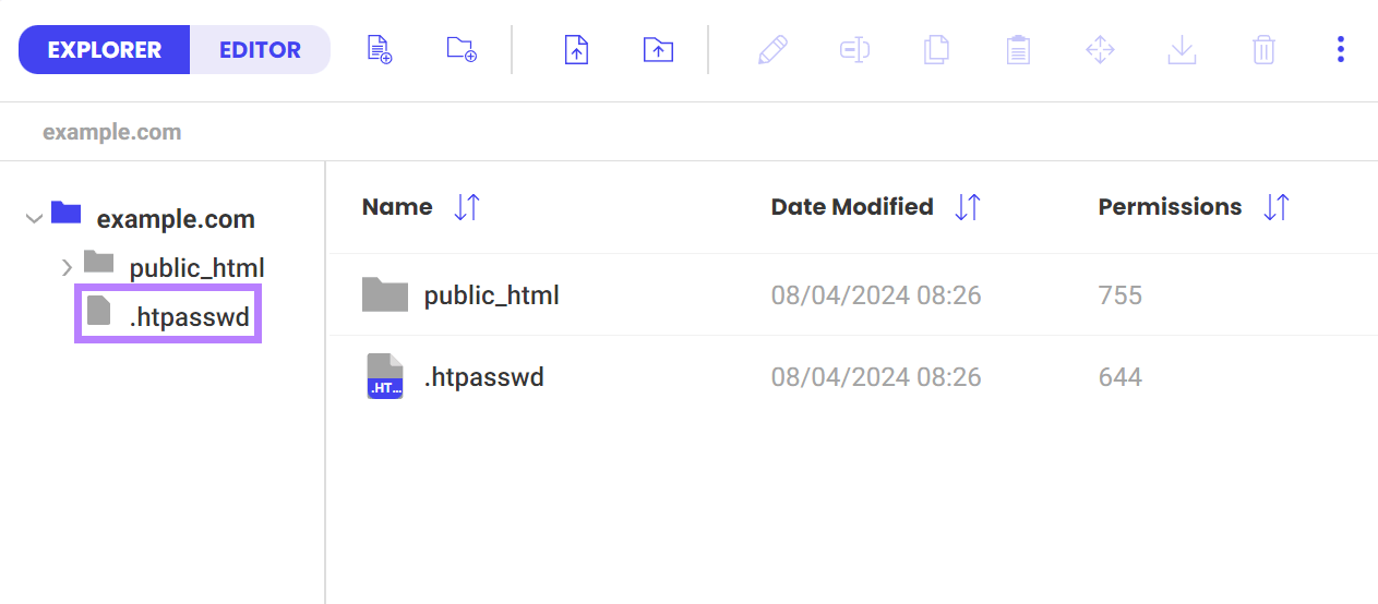 Web host file manager screen showing .htpasswd file outside the root directory.