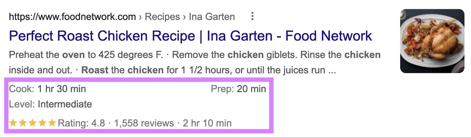 A rich snippet for a recipe including cook time, level and rating