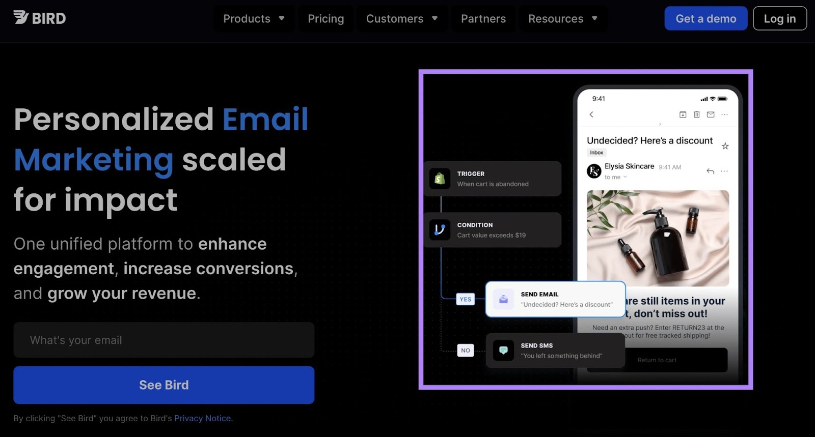 Image de héros de la page d'accueil d'un smartphone avec l'outil de marketing par e-mail Bird en action