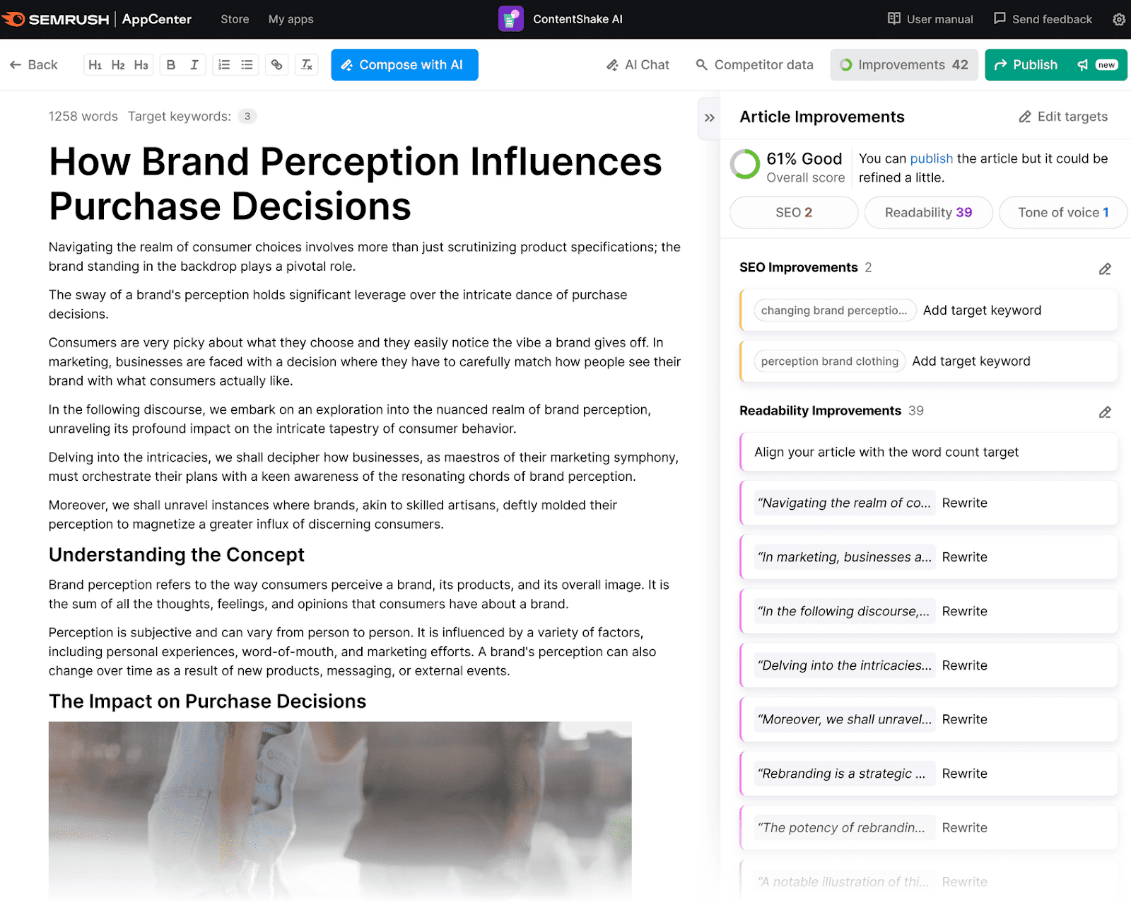 An article outline on how brand perception influences purchase decisions in ContentShake AI