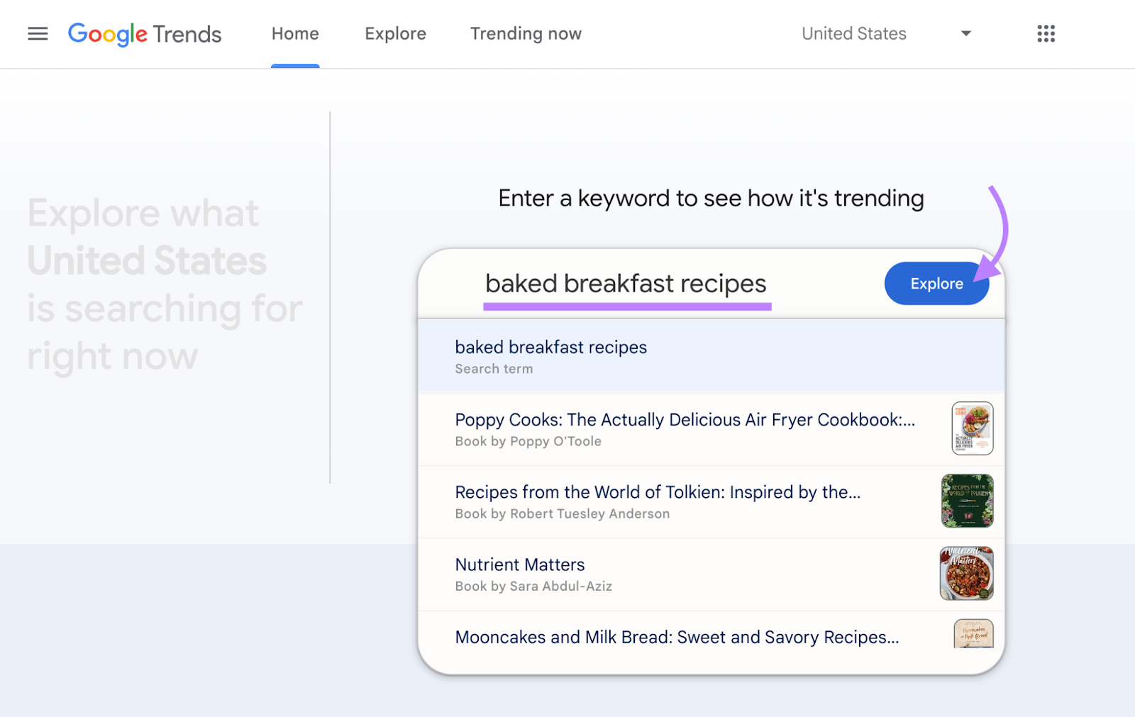 Google Trends interface with “baked breakfast recipes” entered in the search bar.