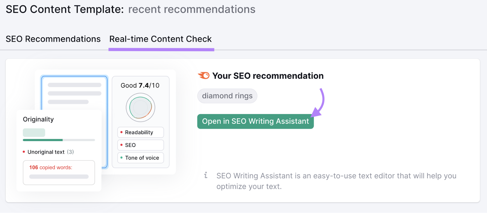 The "Open in SEO Writing Assistant" button in the "Real-time Content Check" tab of the SEO Content Template