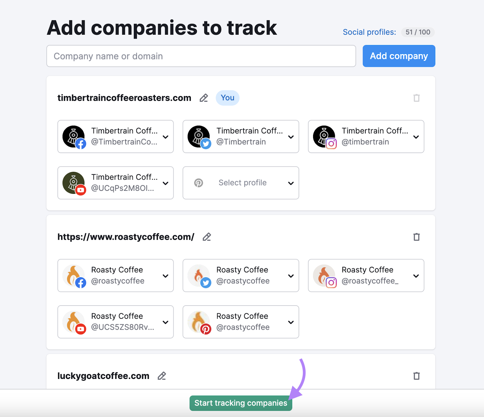 add companies to track to Social Tracker tool