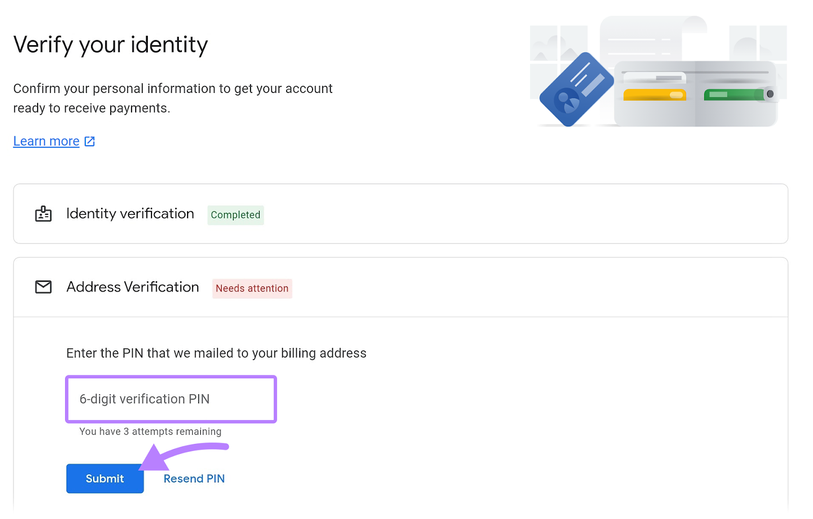 "Verify your identity" page in Google AdSense account