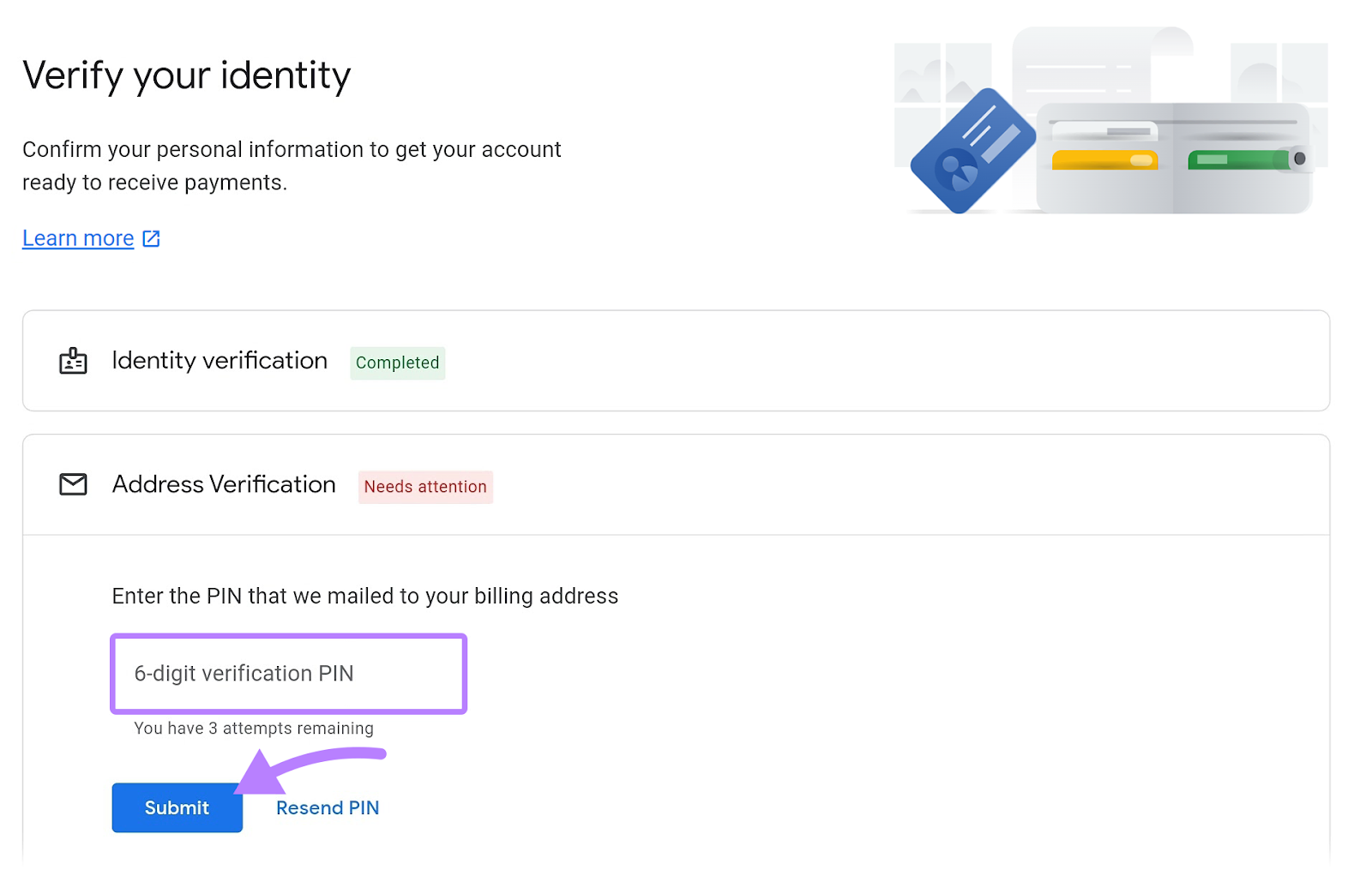 "Verify your iden،y" page in Google AdSense account