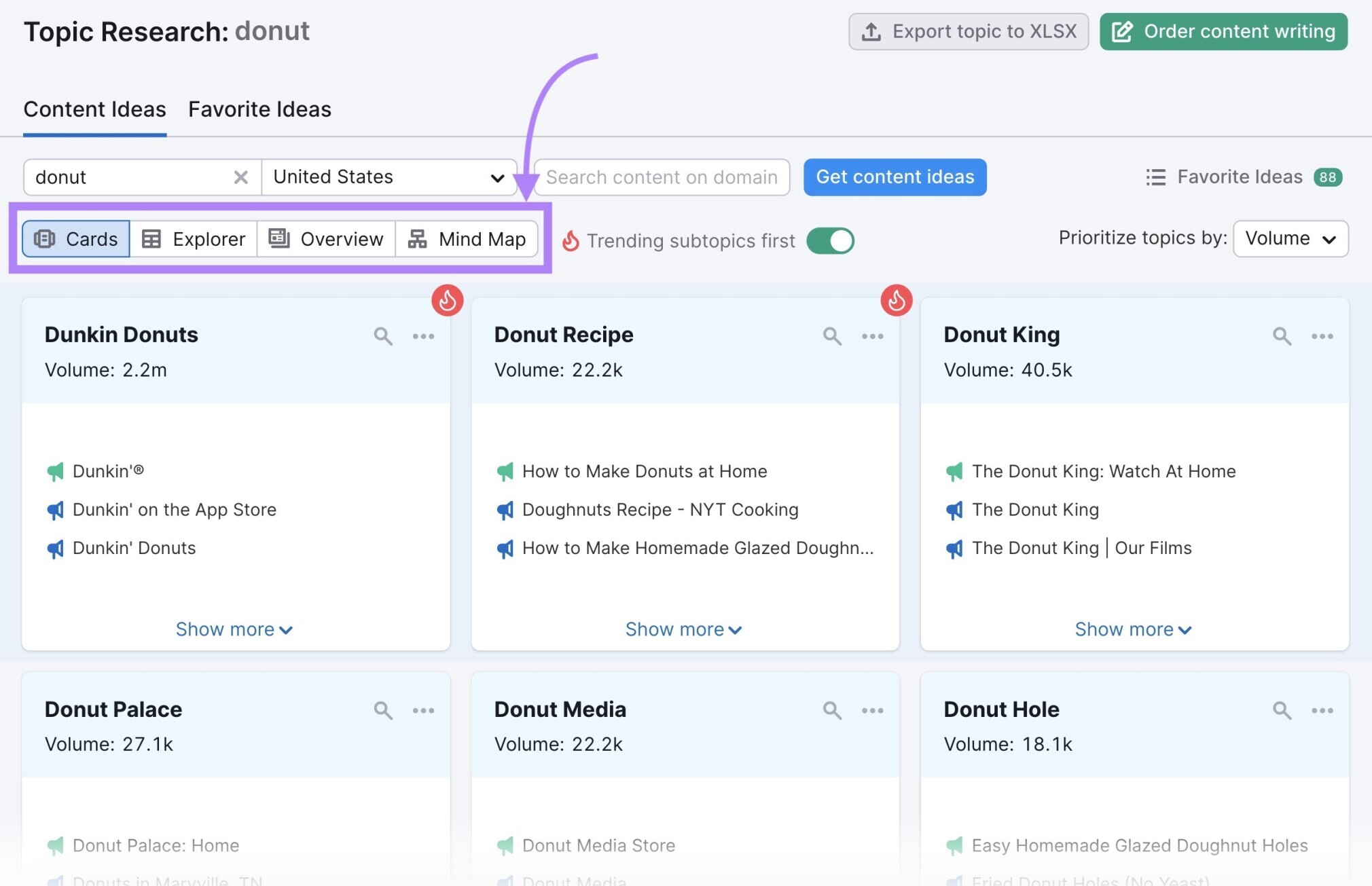 topic research tool menu for cards, explorer, overview, and mind map