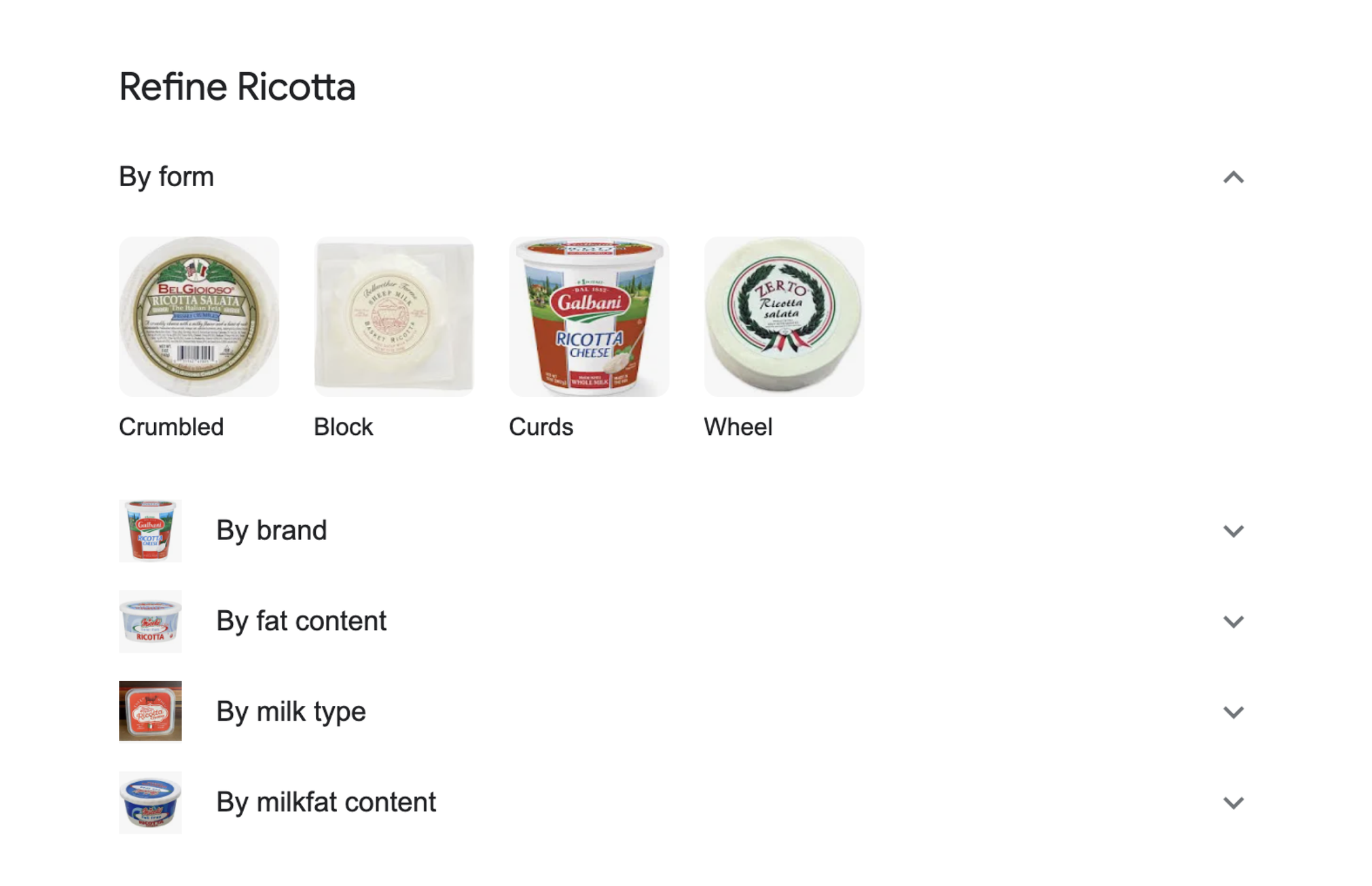 Exemple de fonctionnalité Affiner dans Google pour le mot clé Ricotta