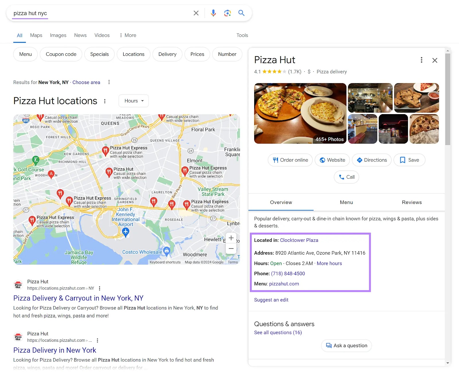 SERP de Google de la palabra clave "pizza hut nyc" con la información de contacto del restaurante resaltada dentro del listado GBP.