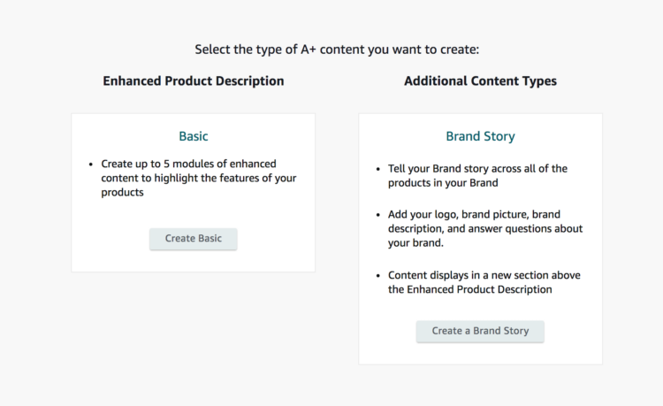 "Select the type of A+ content you want to create" page