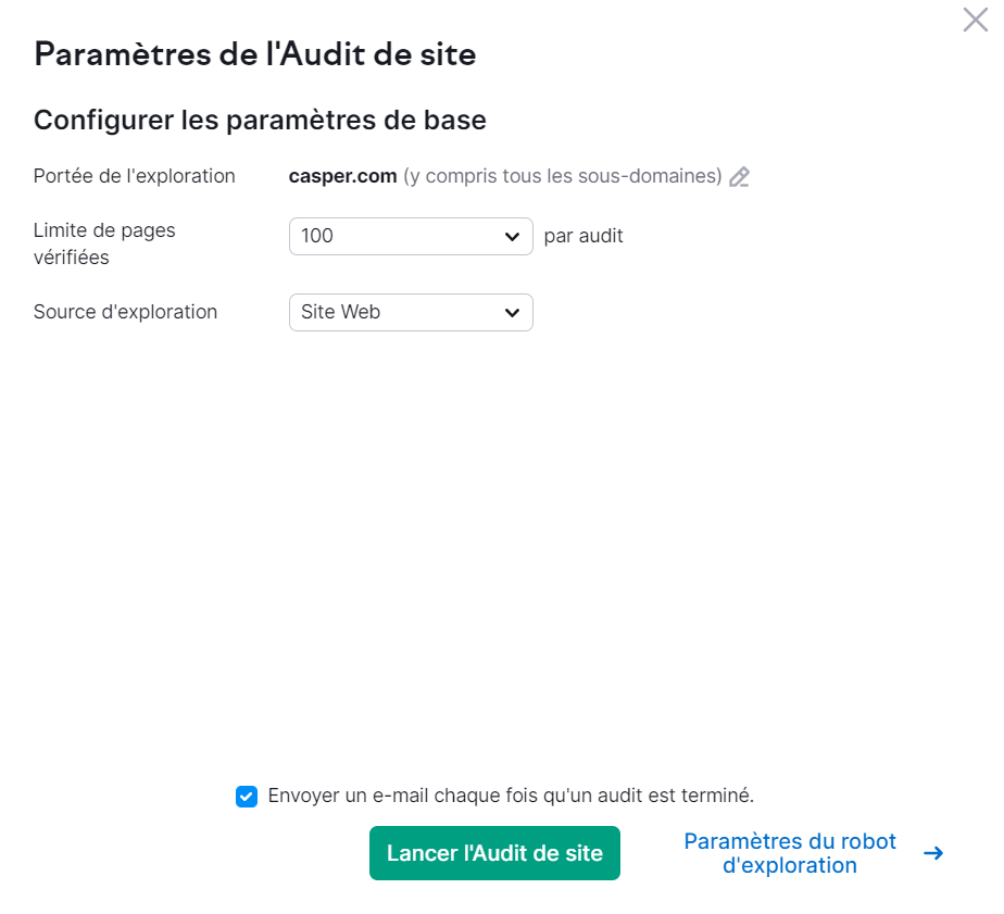 Configurations de l’audit de site