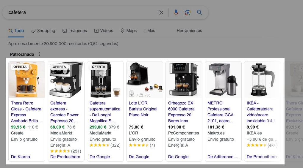 Los anuncios de Google Shopping se pueden mostrar en la parte superior