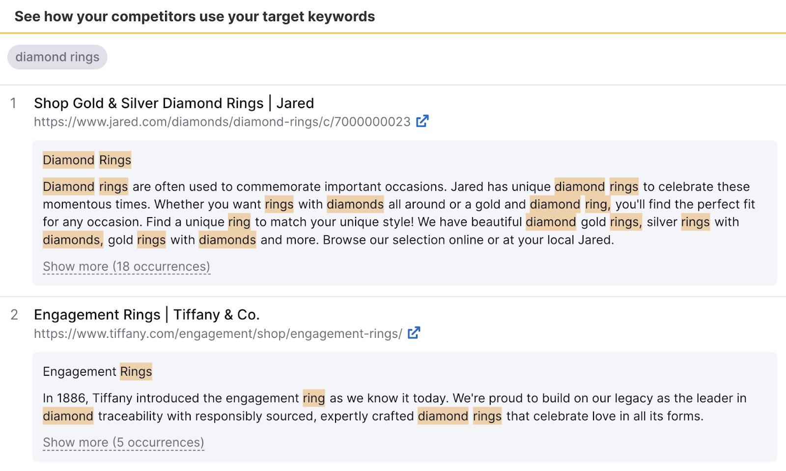The "See how your competitors use your target keywords" section in the SEO Content Template results page
