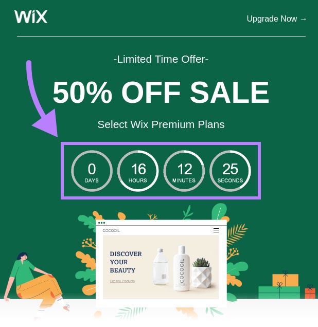 "Limited time offer" with a countdown email from Wix
