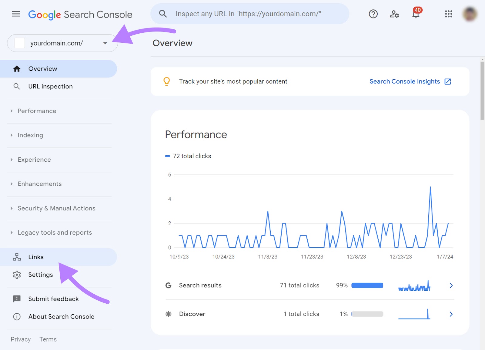 Navigating to “Links” successful  Google Search Console menu