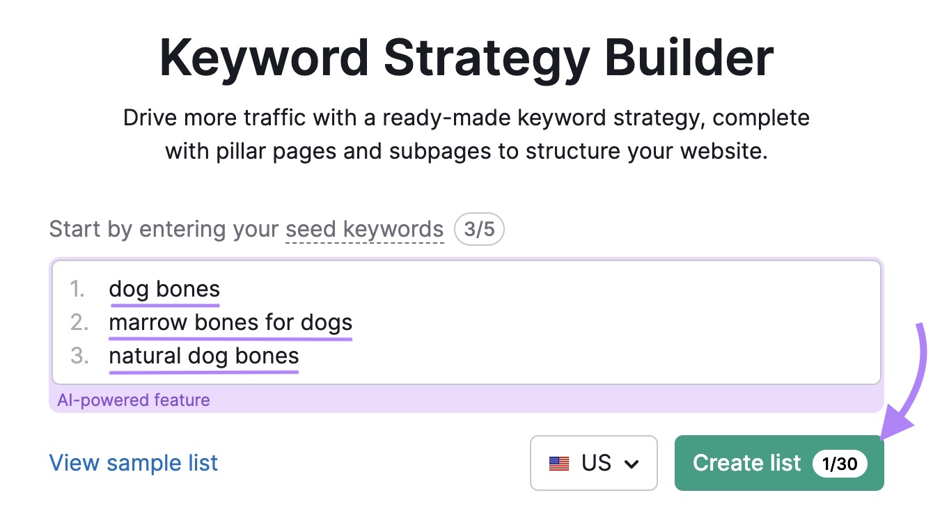 Keyword Strategy Builder tool-start with 3  effect    presumption     entered and the "Create list" fastener  clicked