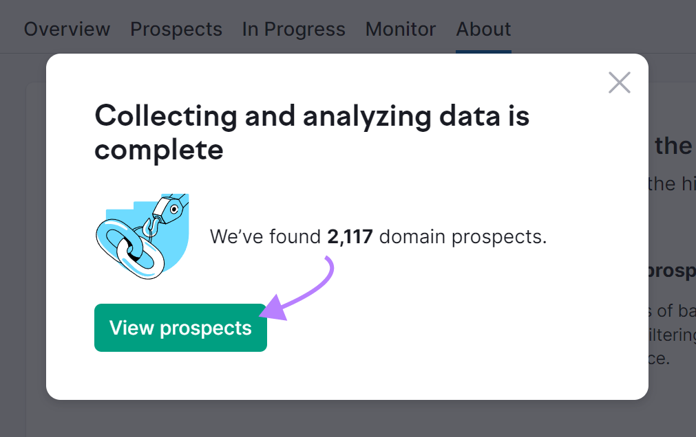 "Collecting and analyzing data is complete" pop-up in Link Building Tool