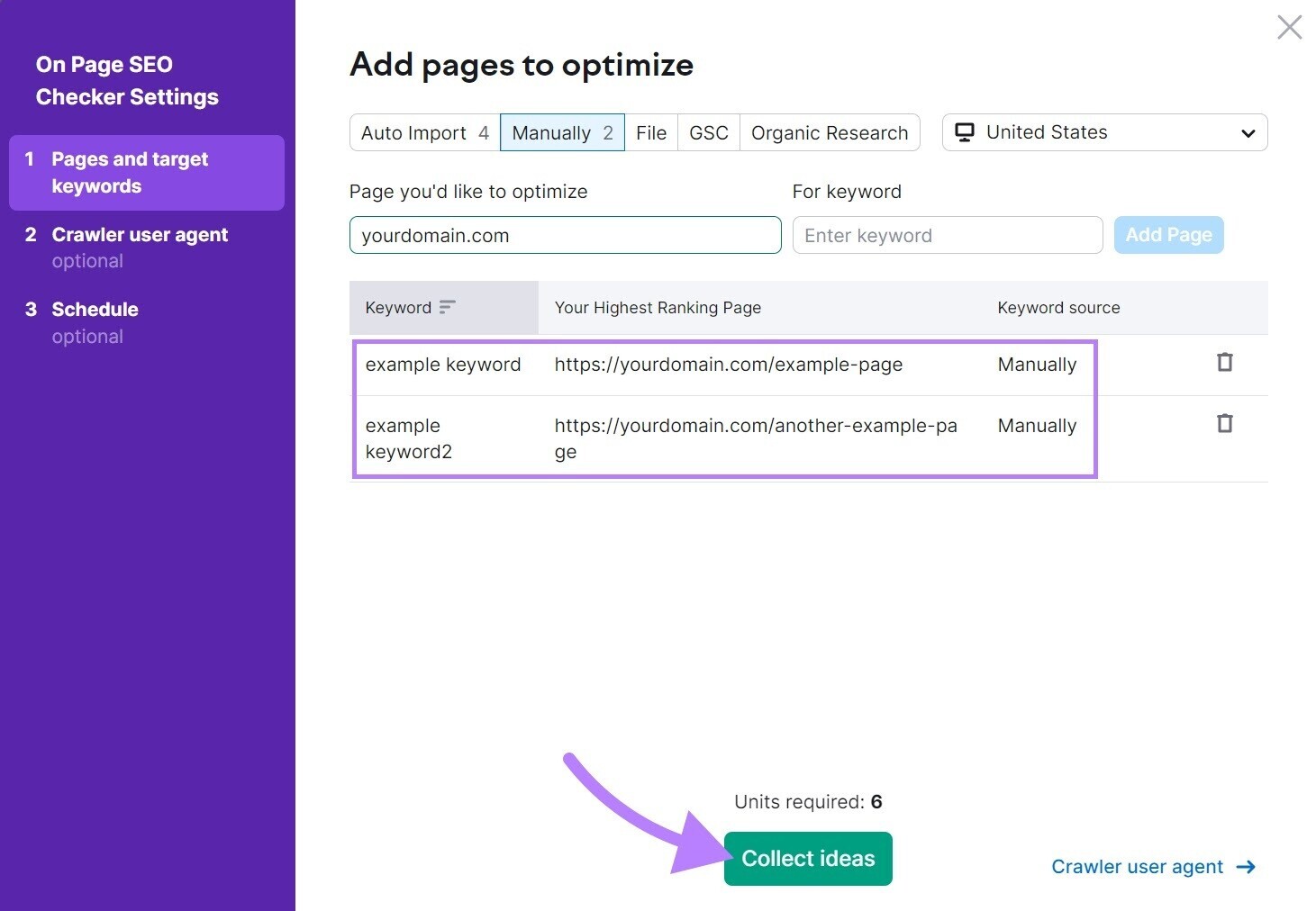 "Add pages to optimize" window in On Page SEO Checker Settings