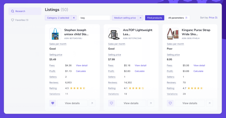 The Product Research for Amazon App gives a side-by-side comparison of example listings for bags and purses. There are data points on fees, profit, number of sellers, number of reviews, product star ratings, and number of product variations each compared seller offers (in addition to other important metrics). 