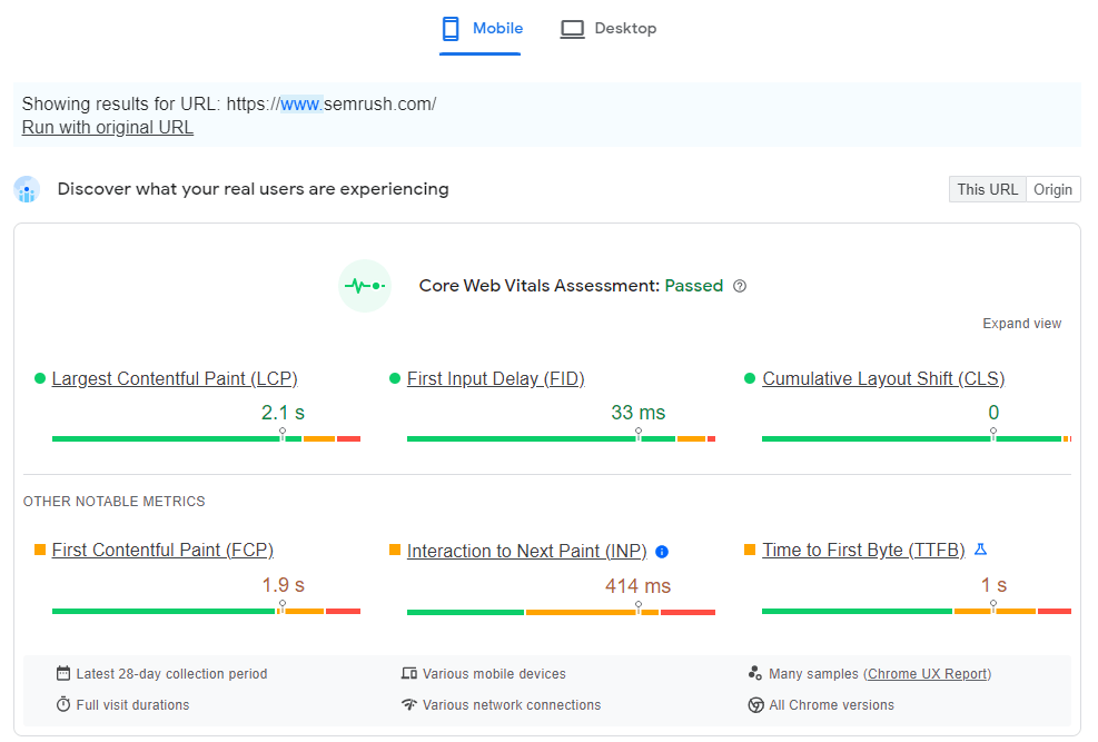 Core Web Vitals Assessment results in PageSpeed Insights