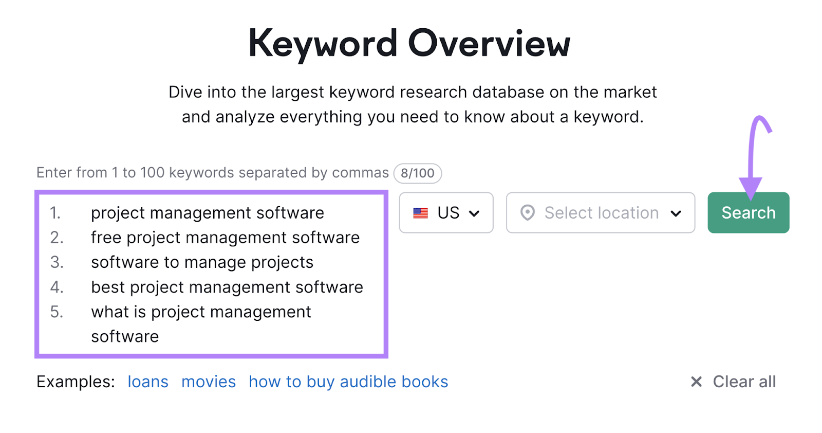 Entering keywords to Keyword Overview tool