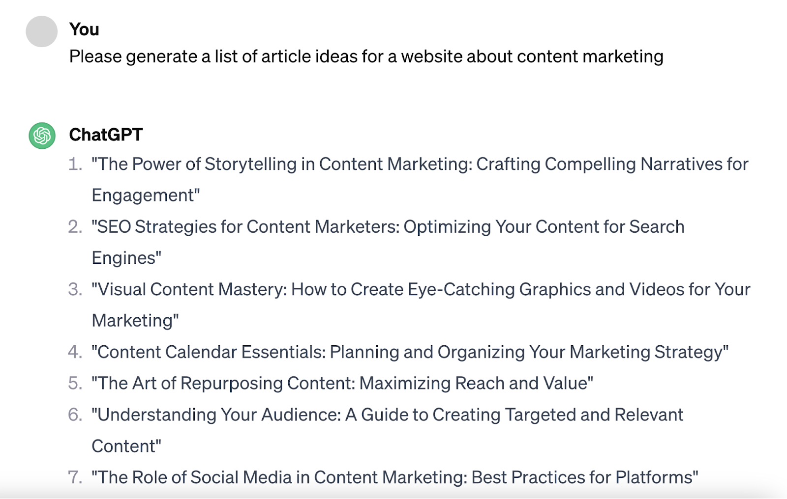 ChatGPT's response to a prompt that reads: "Please generate a list of article ideas for a website about content marketing"