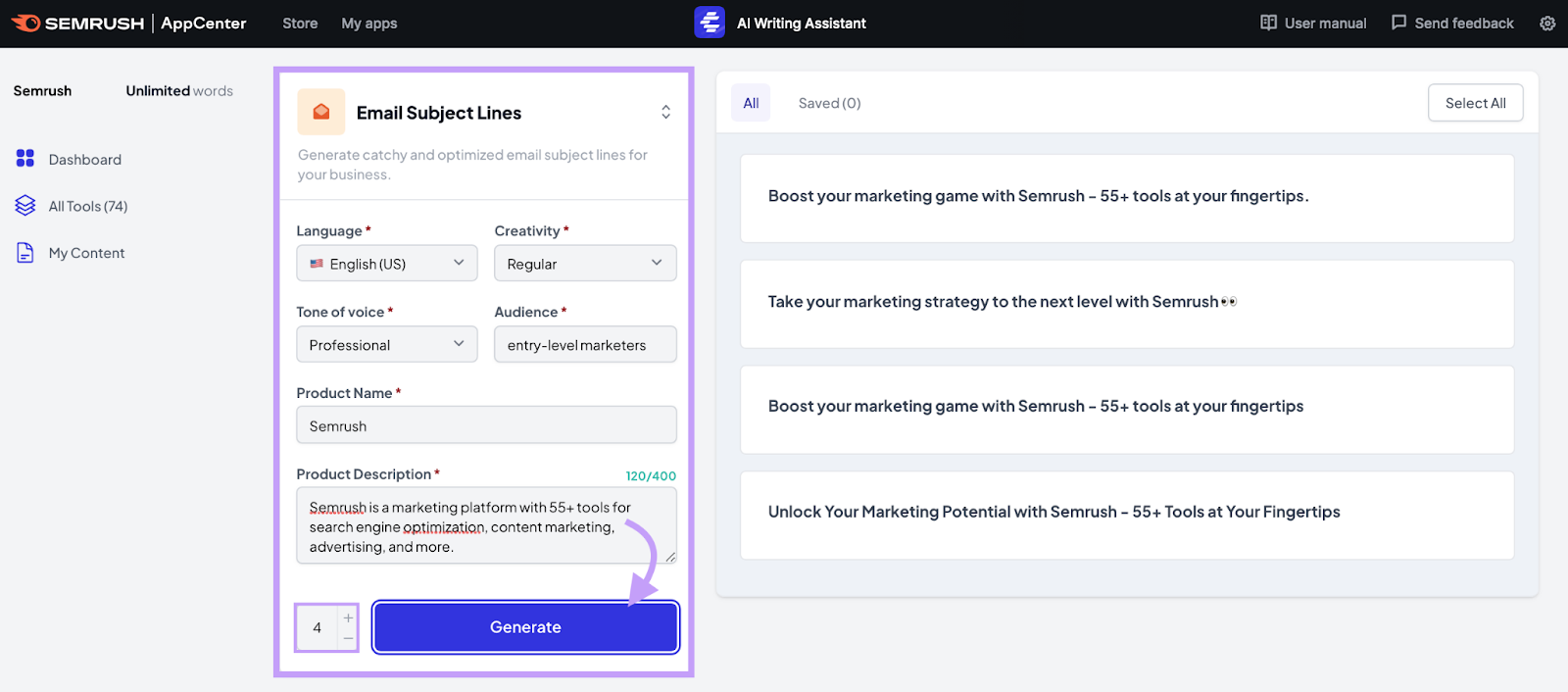 Email subject lines creation screen within the AI Writing Assistant